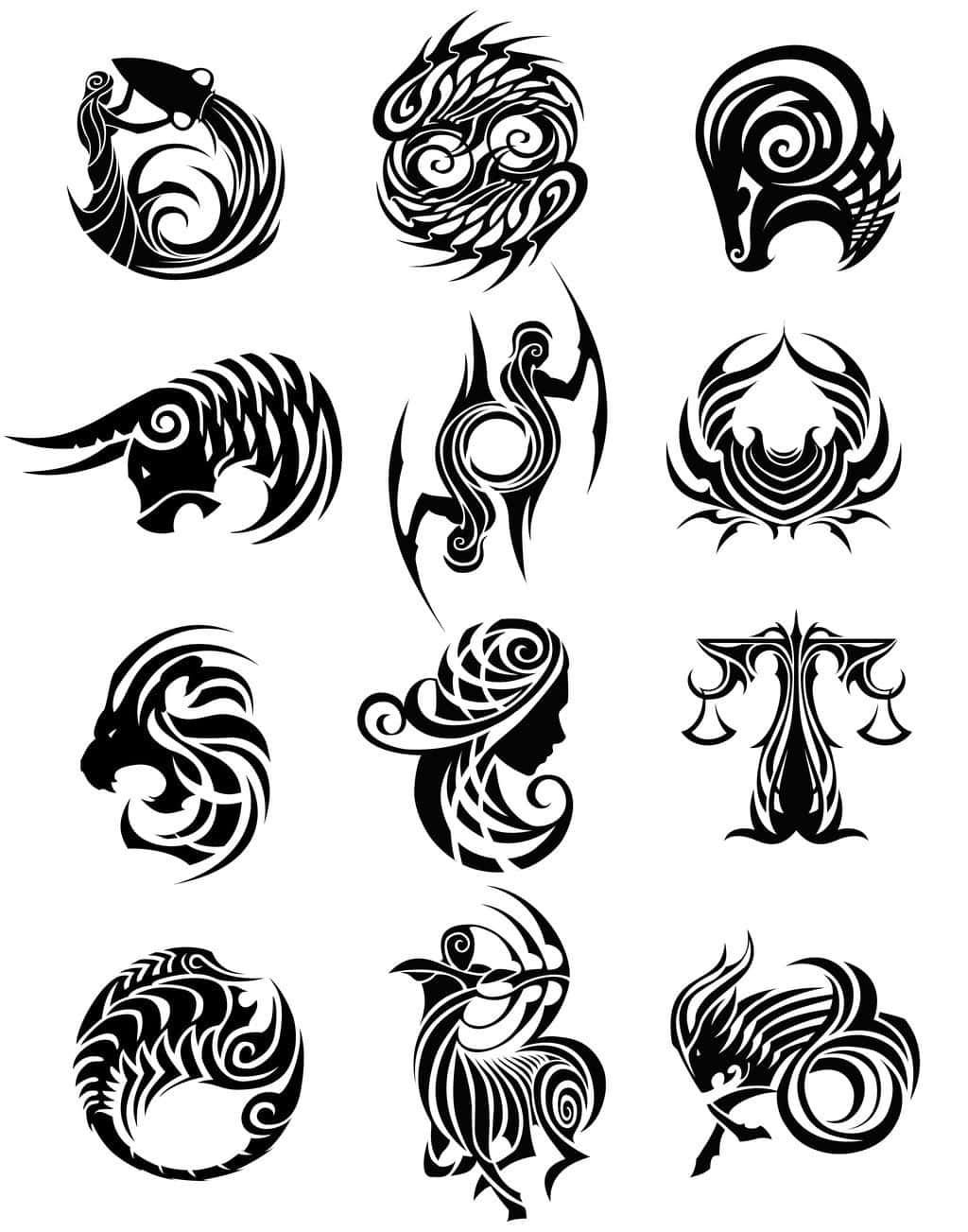 Dwanaście dekoracyjnych czarnych wzorów nawiązujących do znaków zodiaku, ułożonych w czterech rzędach po trzy na białym tle