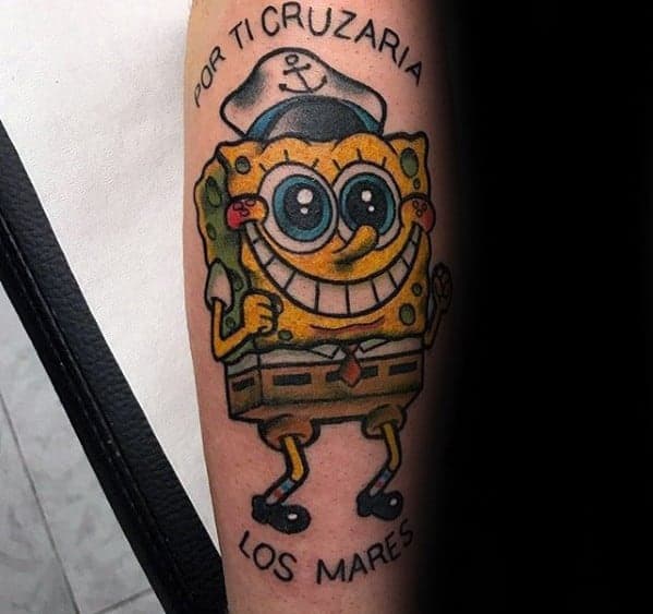 SpongeBob na przedramieniu - inspiracja 1 Tatuaż SpongeBoba na przedramieniu - inspiracja 1