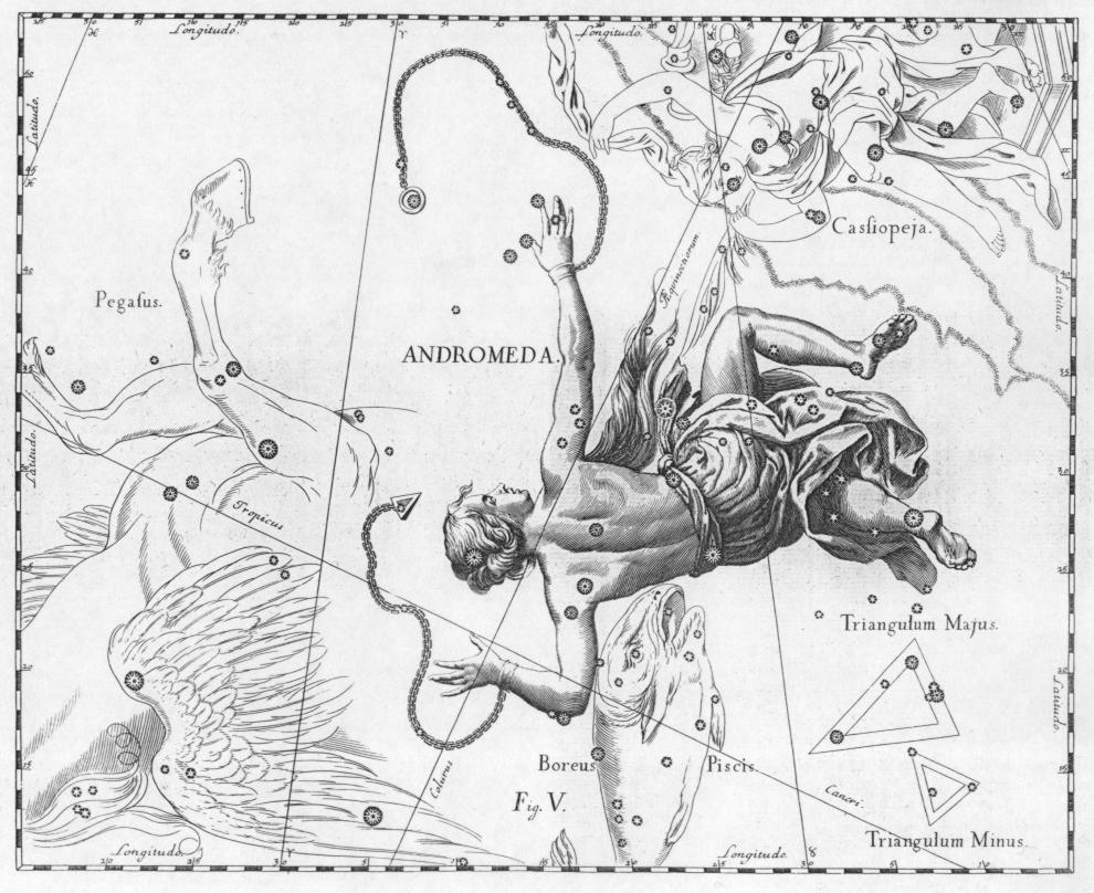 Andromeda jako mitologiczna postać na atlasie nieba Historyczny rysunek postaci Andromedy związanej łańcuchami na tle gwiazd, ze starego atlasu Johannesa Heweliusza