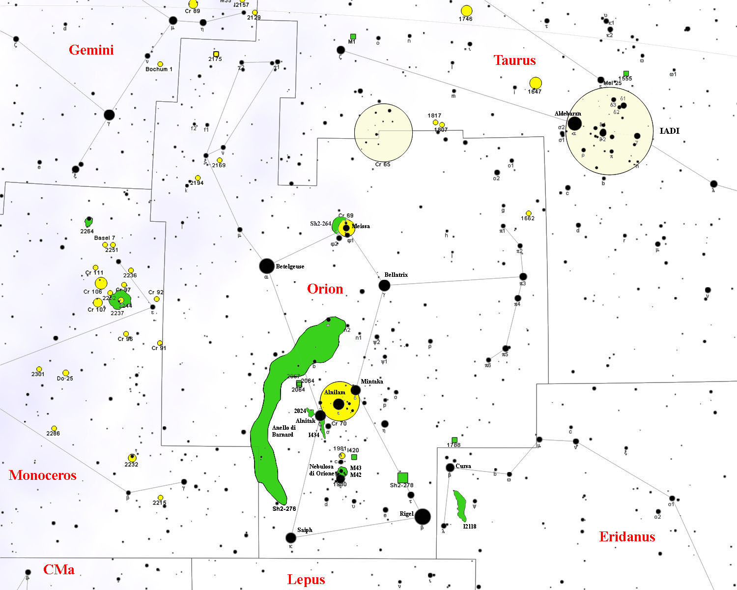 Mapa gwiazdozbioru Oriona - Pas Oriona i główne gwiazdy Mapa gwiazdozbioru Oriona z zaznaczonymi Betelgezą, Rigelem, Belletrix, Saiphem i trzema gwiazdami Pasa Oriona oraz sąsiednimi obiektami astronomicznymi